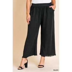 Umgee Wide Leg Linen Blend Pants 1XL Fringe Hem Boho Flowy Black Trousers